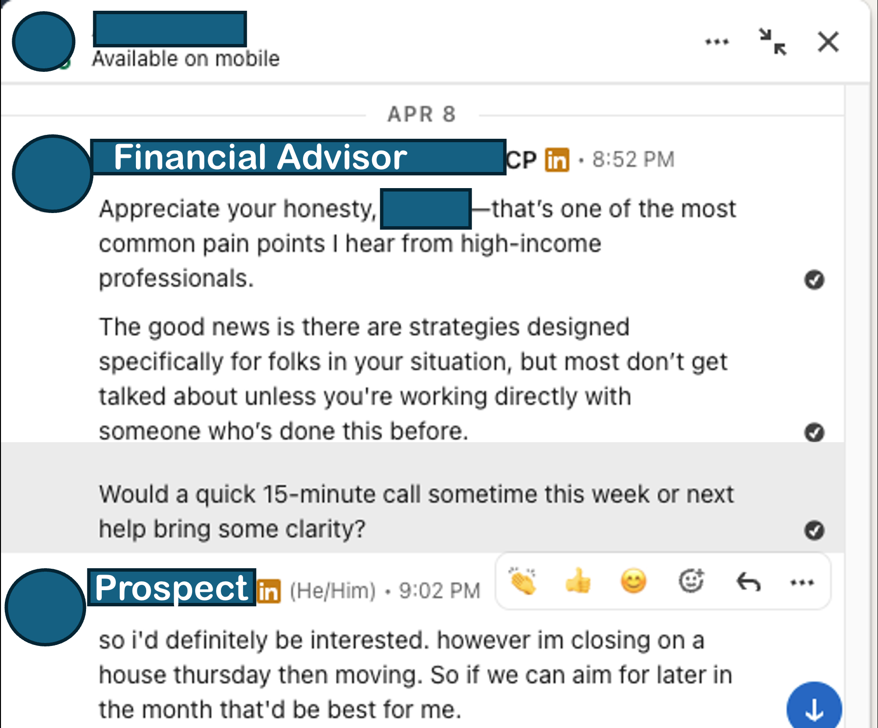 Redacted LinkedIn outreach conversation, opening exchange