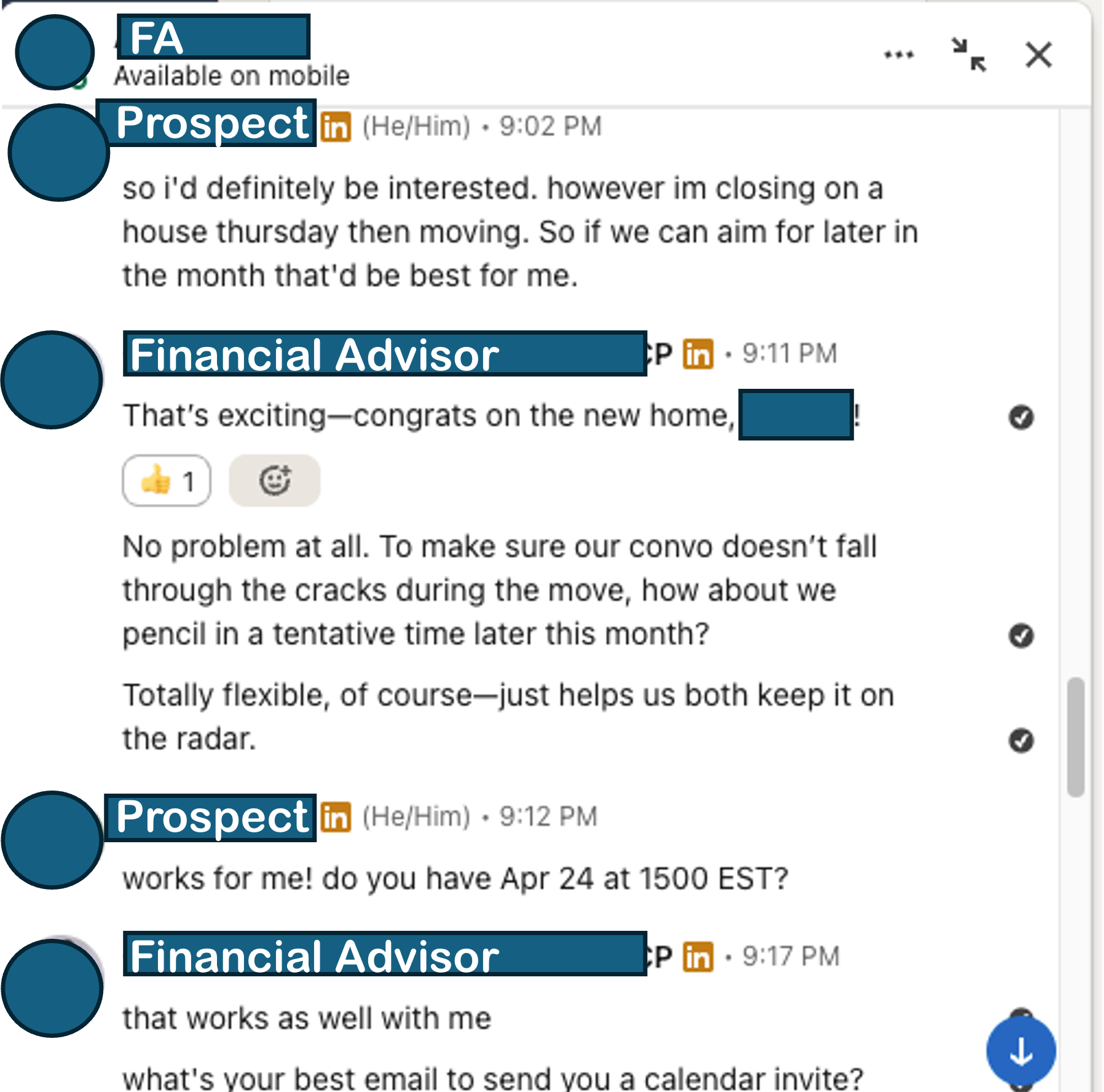 Redacted LinkedIn outreach conversation, scheduling the call